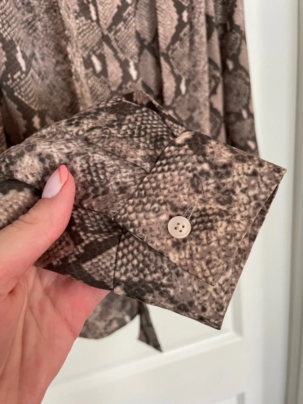 Stella & Dot Taupe and Brown Snake-Print Tie-Neck Blouse - Picture 11 of 16